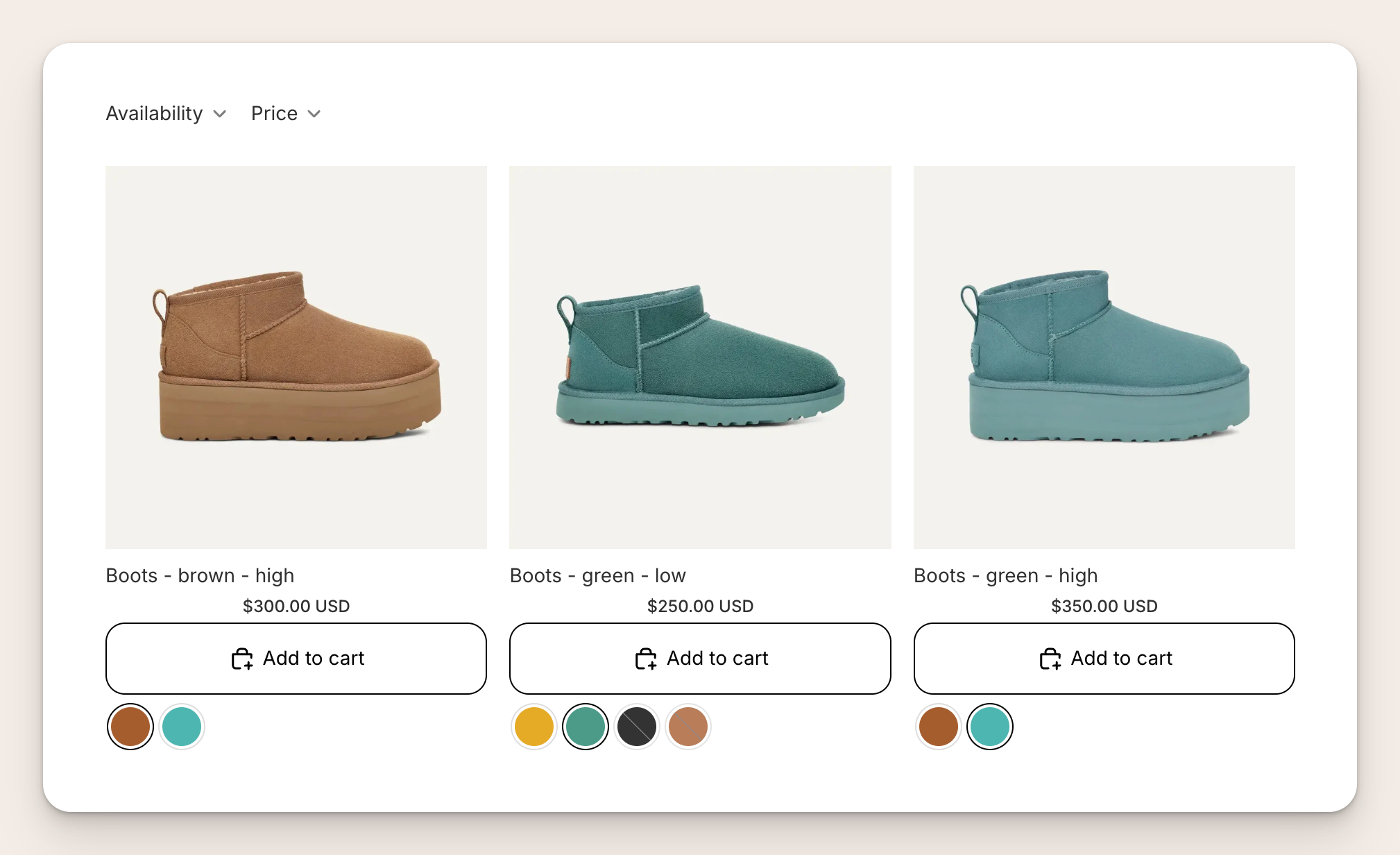 Collection page showing three product cards for boots. Each card shows a single row of color swatches underneath its Add to cart button. The brown high and green high cards show only the colors available in the high style. The green low card shows all four colors because all of them are available in the low style.