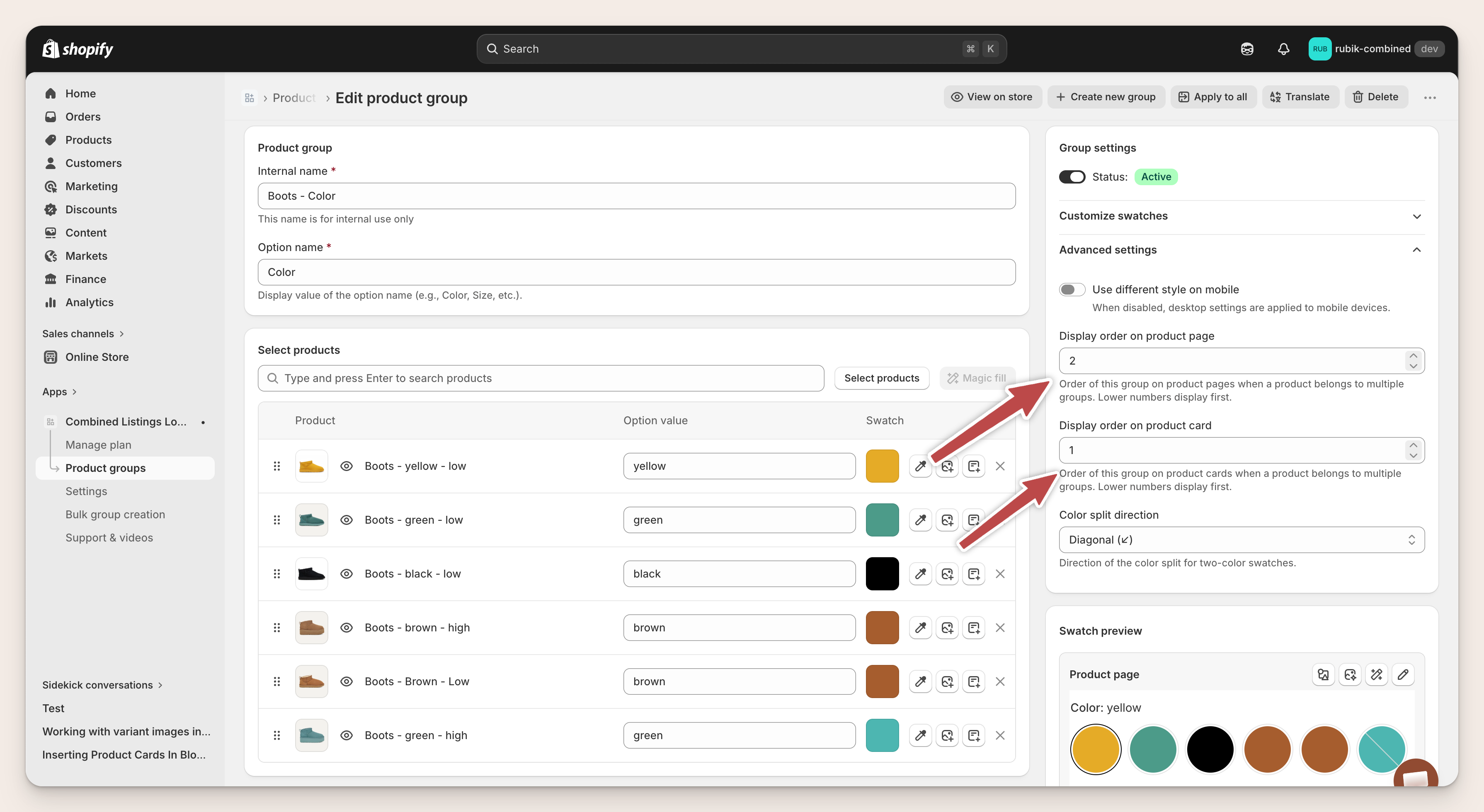 Advanced settings panel for the Color group. Display order on product page is set to 2. Display order on product card is set to 1. Red arrows point to both fields.