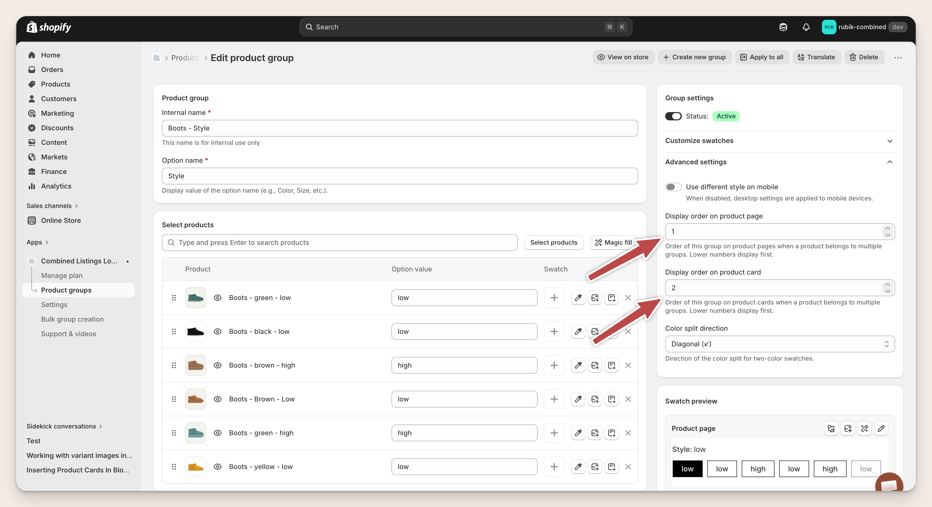 Advanced settings panel for the Style group. Display order on product page is set to 1. Display order on product card is set to 2. Red arrows point to both fields.