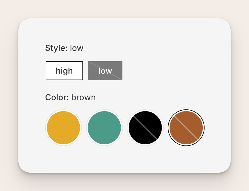 Two rows of swatches on a boots product page: a Style row with low and high buttons, and a Color row with yellow, green, black, and brown swatches. The current combination is highlighted.